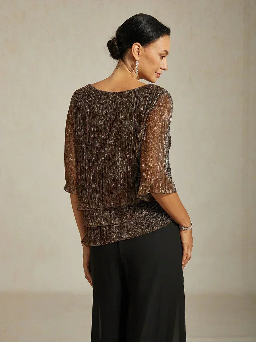 Metallic Pleated Chiffon Asymmetrical Layered Blouse