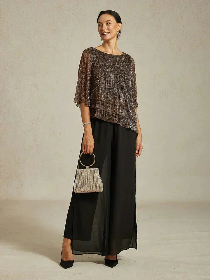 Metallic Pleated Chiffon Asymmetrical Layered Blouse