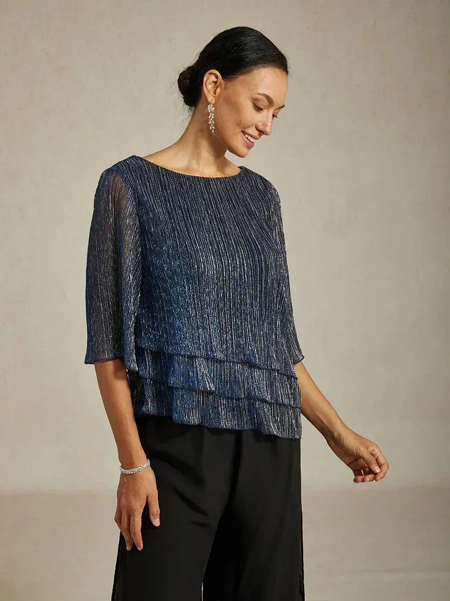 Metallic Pleated Chiffon Asymmetrical Layered Blouse