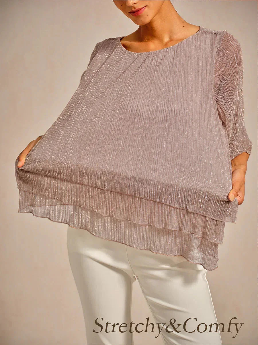 Metallic Pleated Chiffon Asymmetrical Layered Blouse