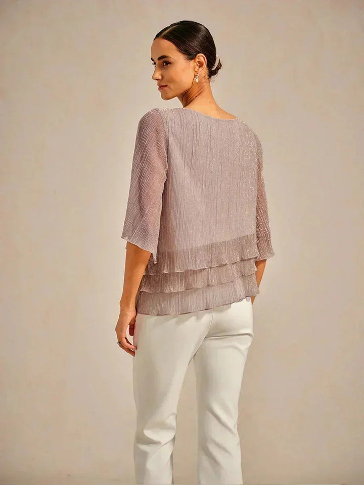 Metallic Pleated Chiffon Asymmetrical Layered Blouse