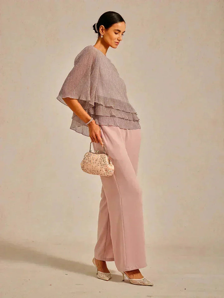 Metallic Pleated Chiffon Asymmetrical Layered Blouse