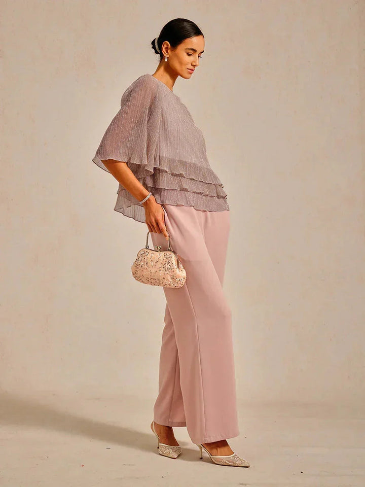 Metallic Pleated Chiffon Asymmetrical Layered Blouse
