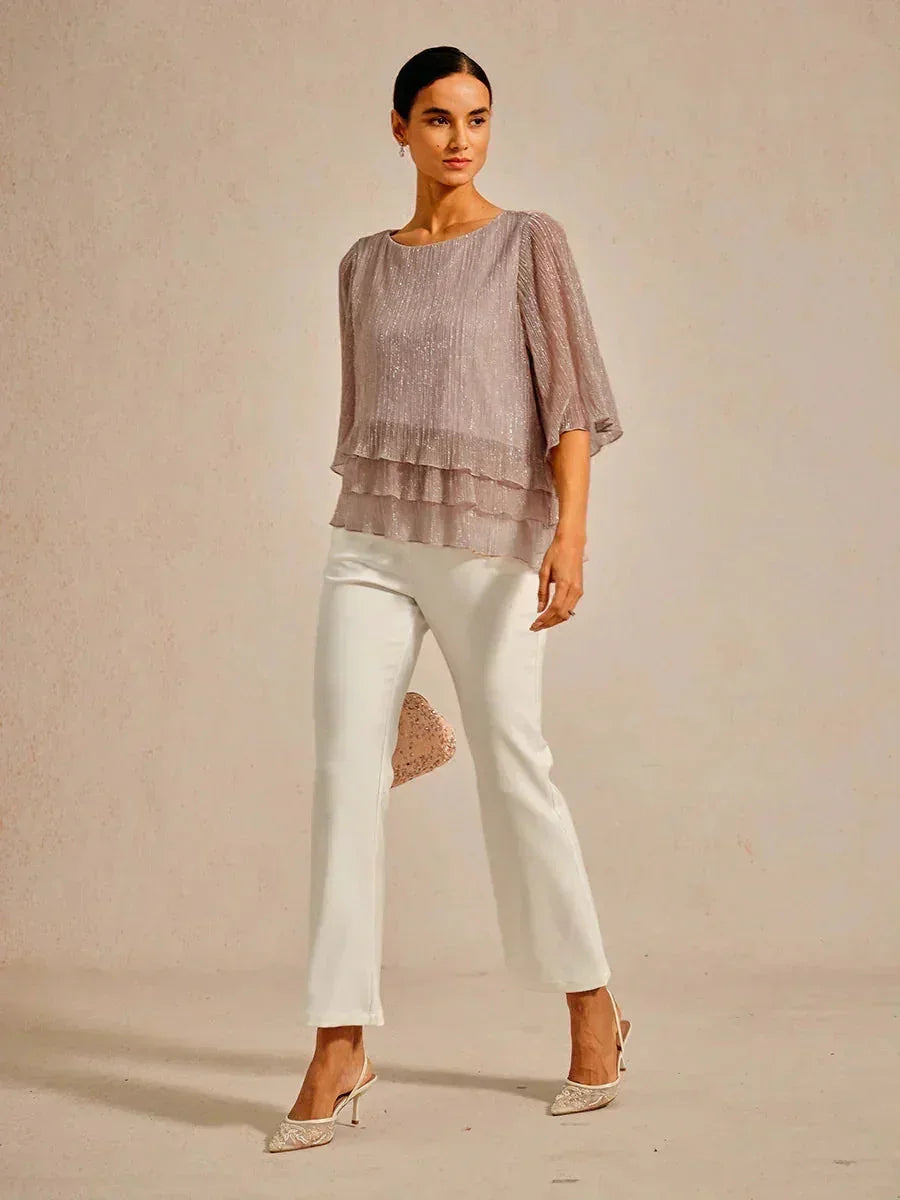 Metallic Pleated Chiffon Asymmetrical Layered Blouse