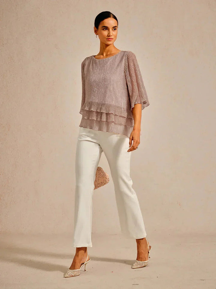 Metallic Pleated Chiffon Asymmetrical Layered Blouse