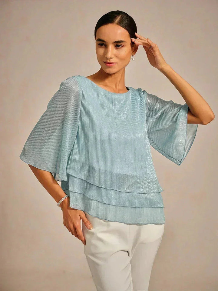 Metallic Pleated Chiffon Asymmetrical Layered Blouse
