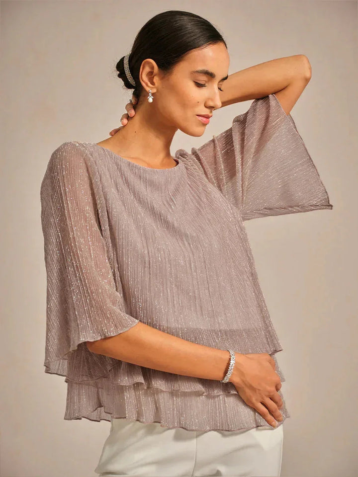 Metallic Pleated Chiffon Asymmetrical Layered Blouse
