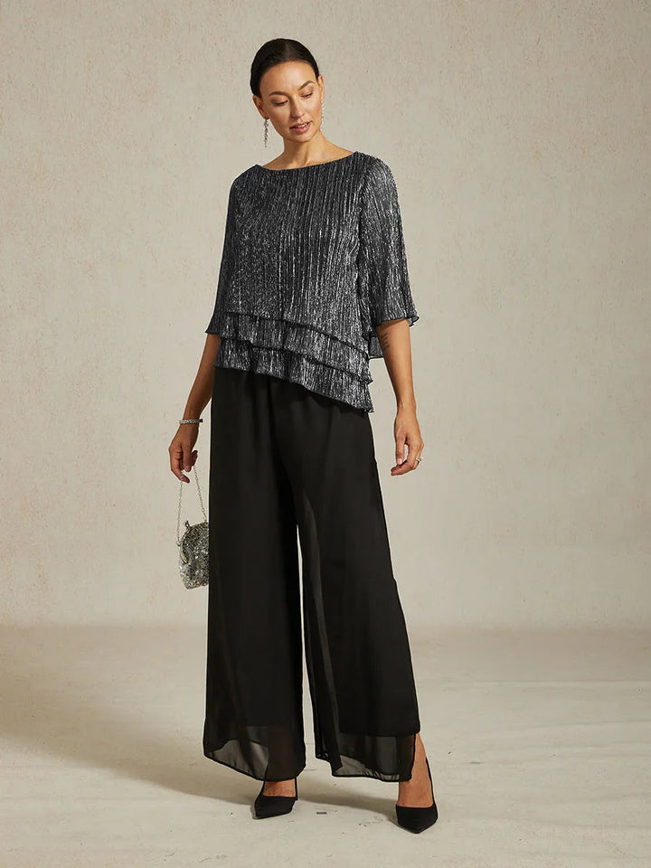 Metallic Pleated Chiffon Asymmetrical Layered Blouse