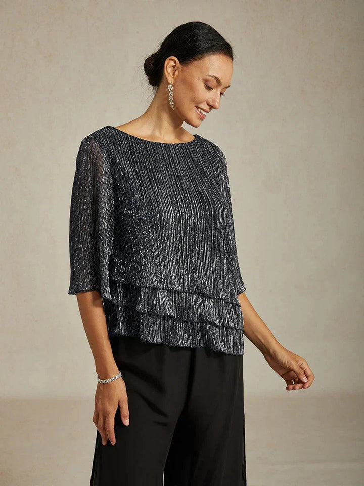 Metallic Pleated Chiffon Asymmetrical Layered Blouse