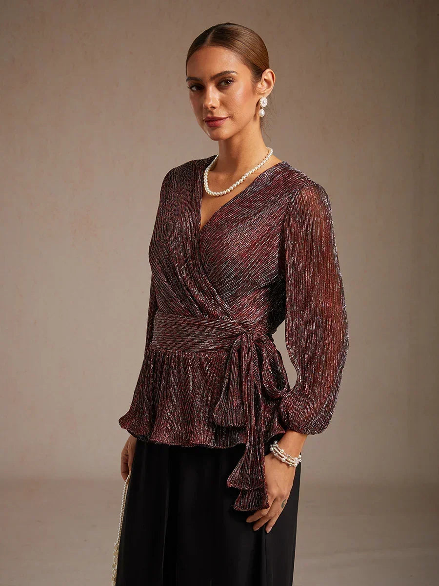 Metallic Pleated Chiffon Evening Wrap Top