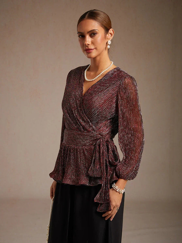 Metallic Pleated Chiffon Evening Wrap Top