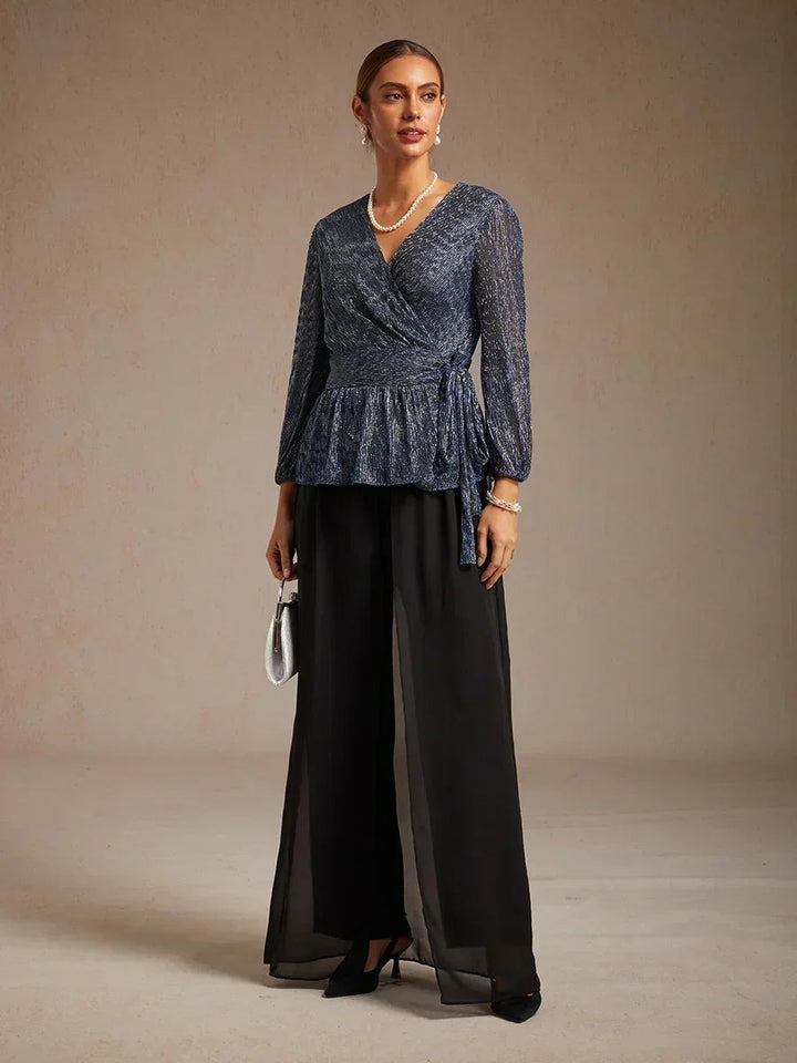 Metallic Pleated Chiffon Evening Wrap Top