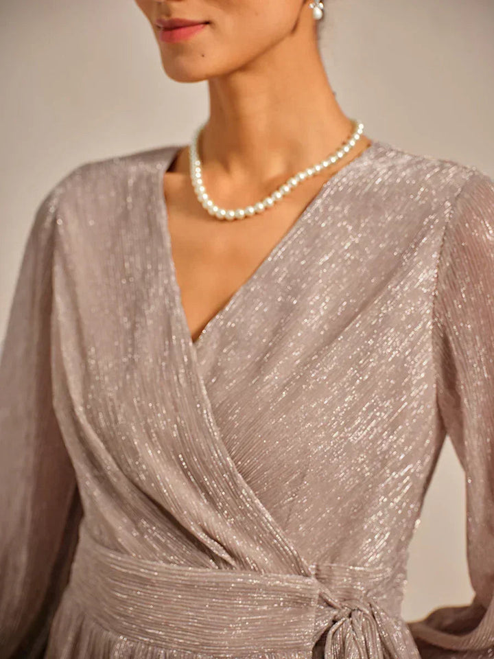 Metallic Pleated Chiffon Evening Wrap Top