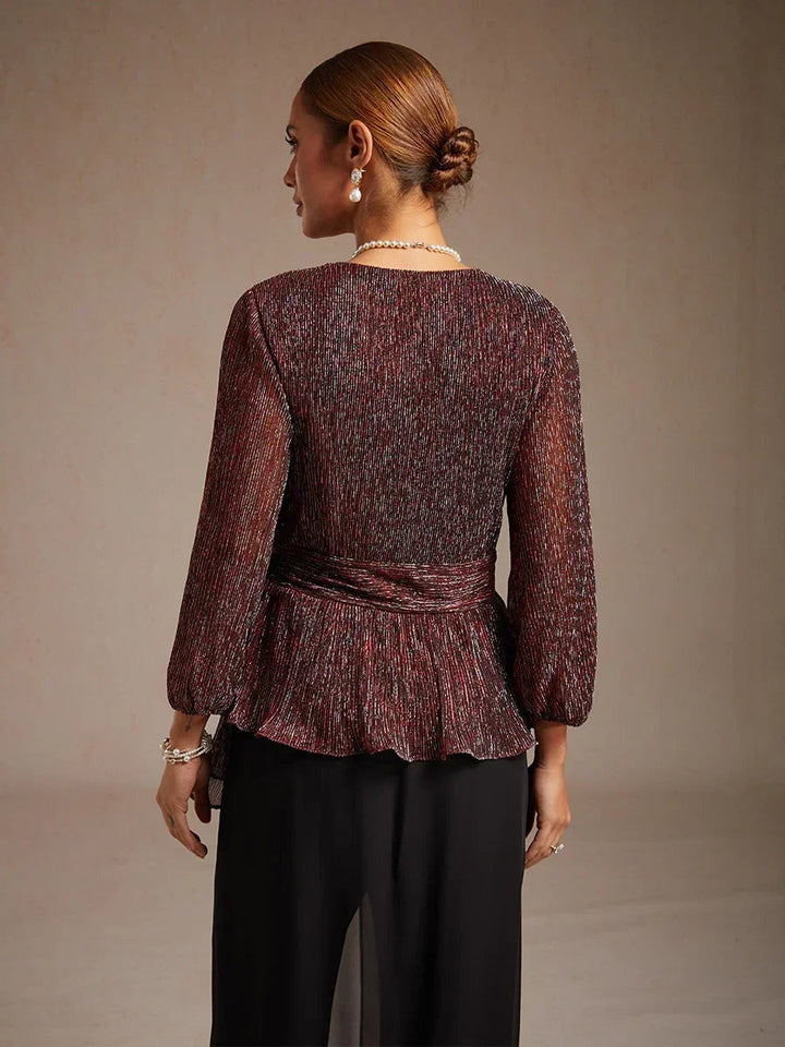 Metallic Pleated Chiffon Evening Wrap Top