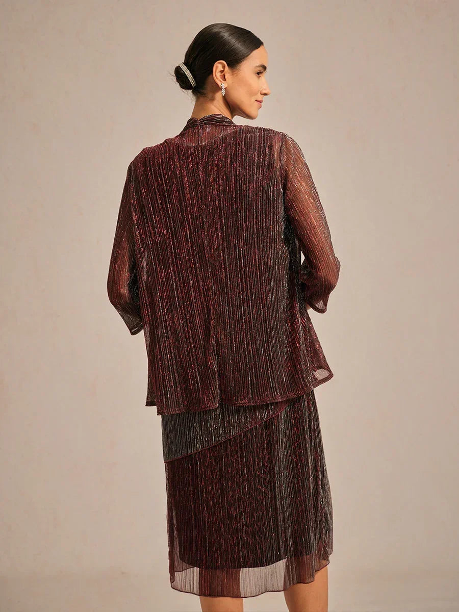Metallic Pleated Chiffon Long Jacket with Layered Design