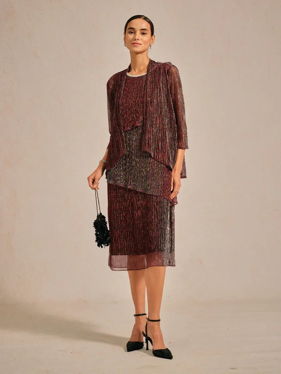 Metallic Pleated Chiffon Long Jacket with Layered Design