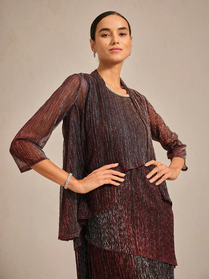 Metallic Pleated Chiffon Long Jacket with Layered Design