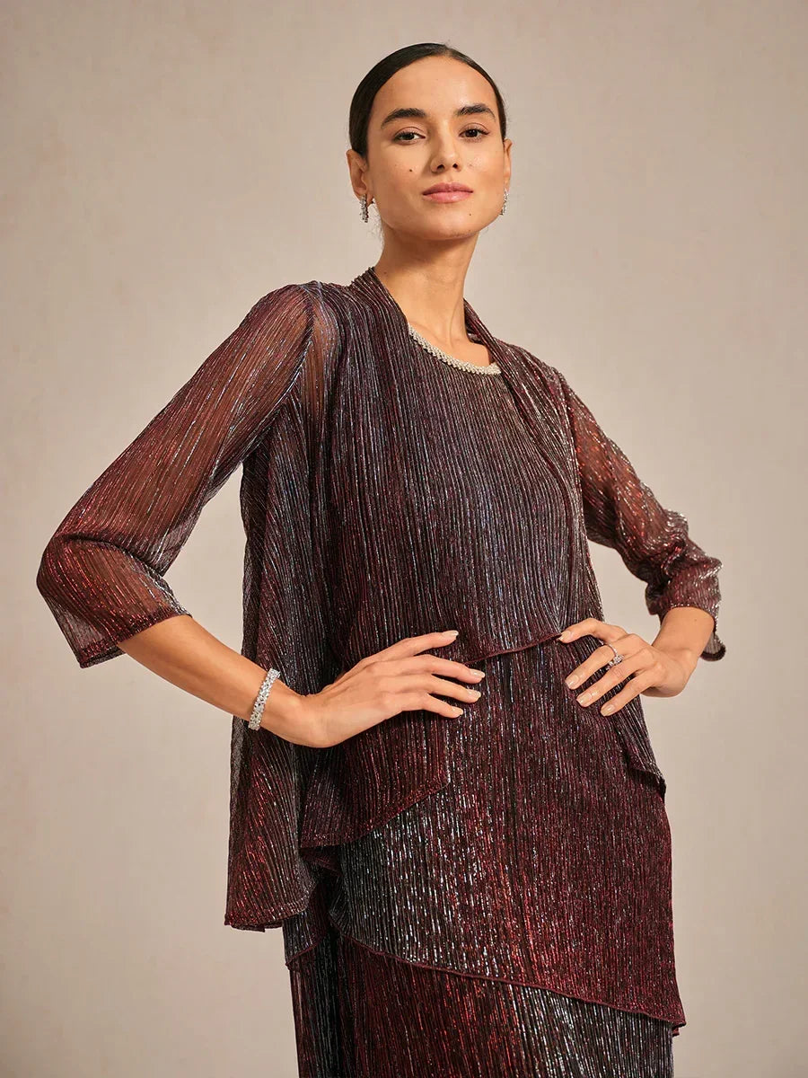 Metallic Pleated Chiffon Long Jacket with Layered Design