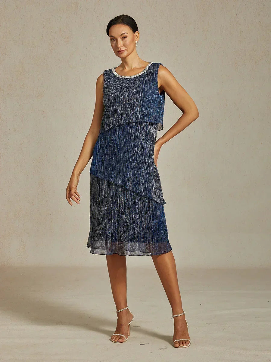 Metallic Pleated Chiffon Midi Dress with Beaded Round Neck