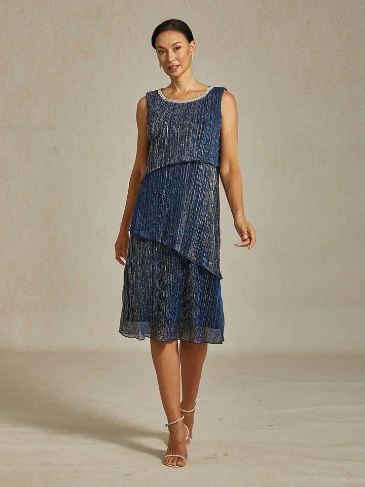 Metallic Pleated Chiffon Midi Dress with Beaded Round Neck