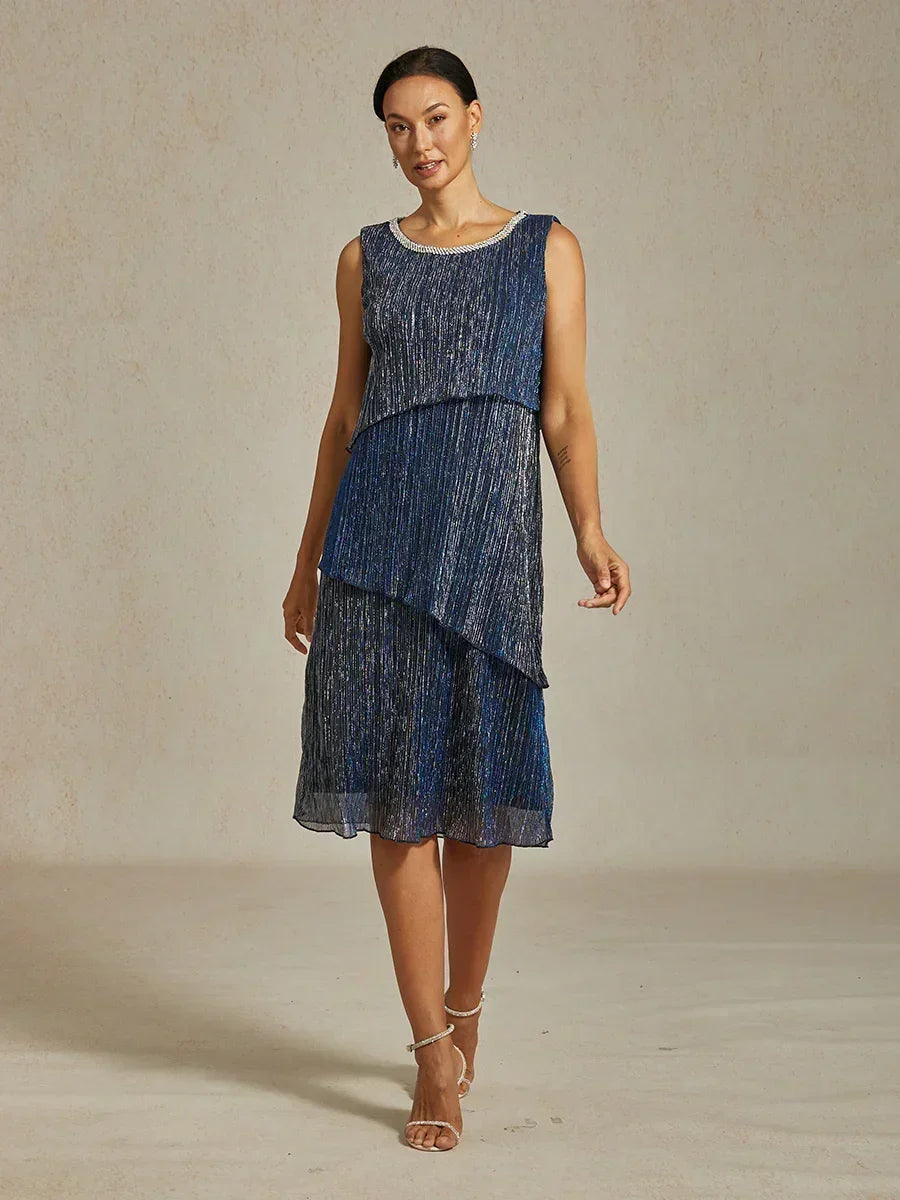 Metallic Pleated Chiffon Midi Dress with Beaded Round Neck