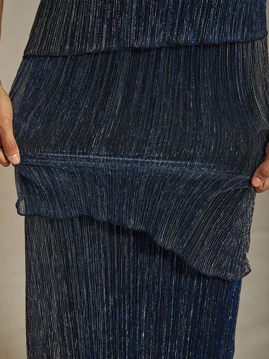 Metallic Pleated Chiffon Midi Dress with Beaded Round Neck