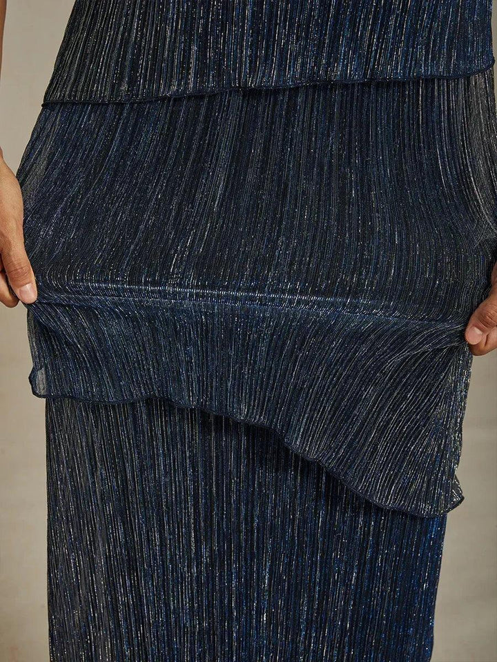 Metallic Pleated Chiffon Midi Dress with Beaded Round Neck