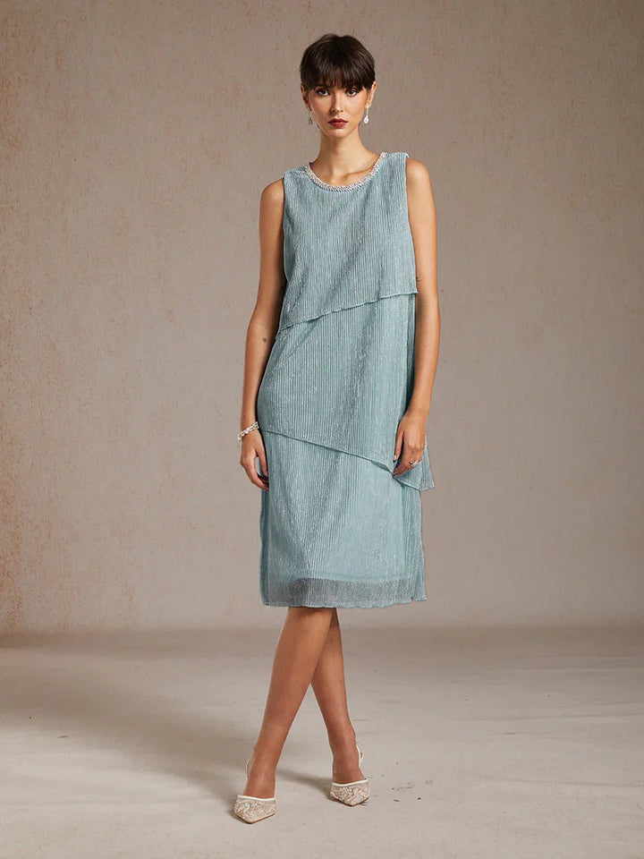 Metallic Pleated Chiffon Midi Dress with Beaded Round Neck