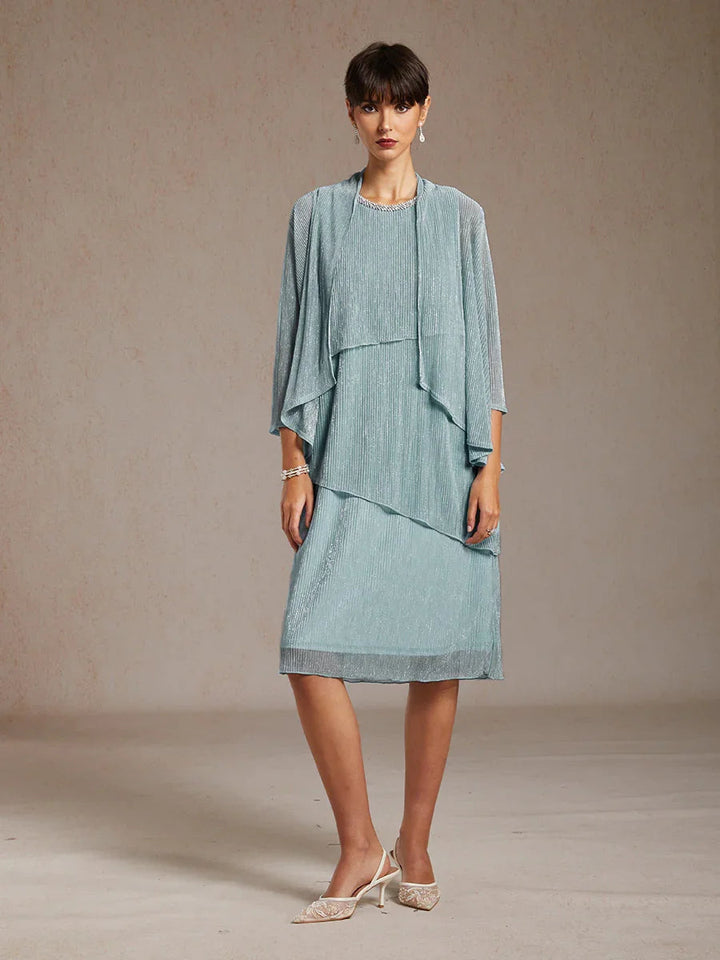 Metallic Pleated Chiffon Midi Dress with Beaded Round Neck