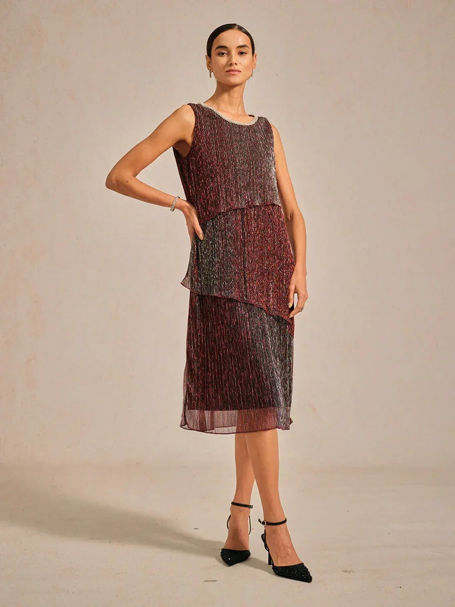 Metallic Pleated Chiffon Midi Dress with Beaded Round Neck