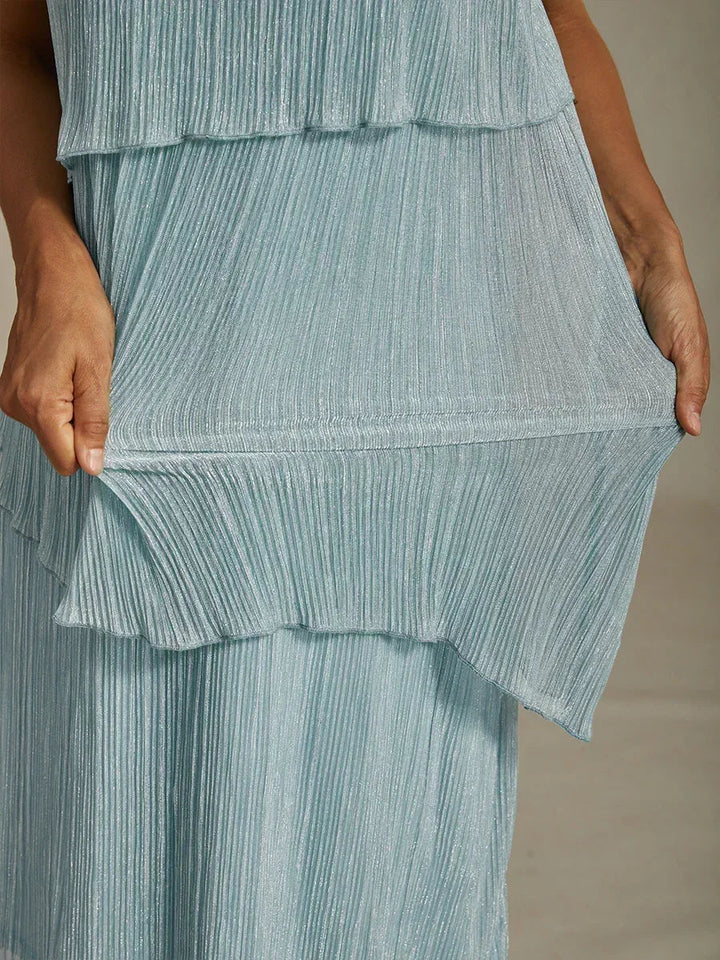 Metallic Pleated Chiffon Midi Dress with Beaded Round Neck