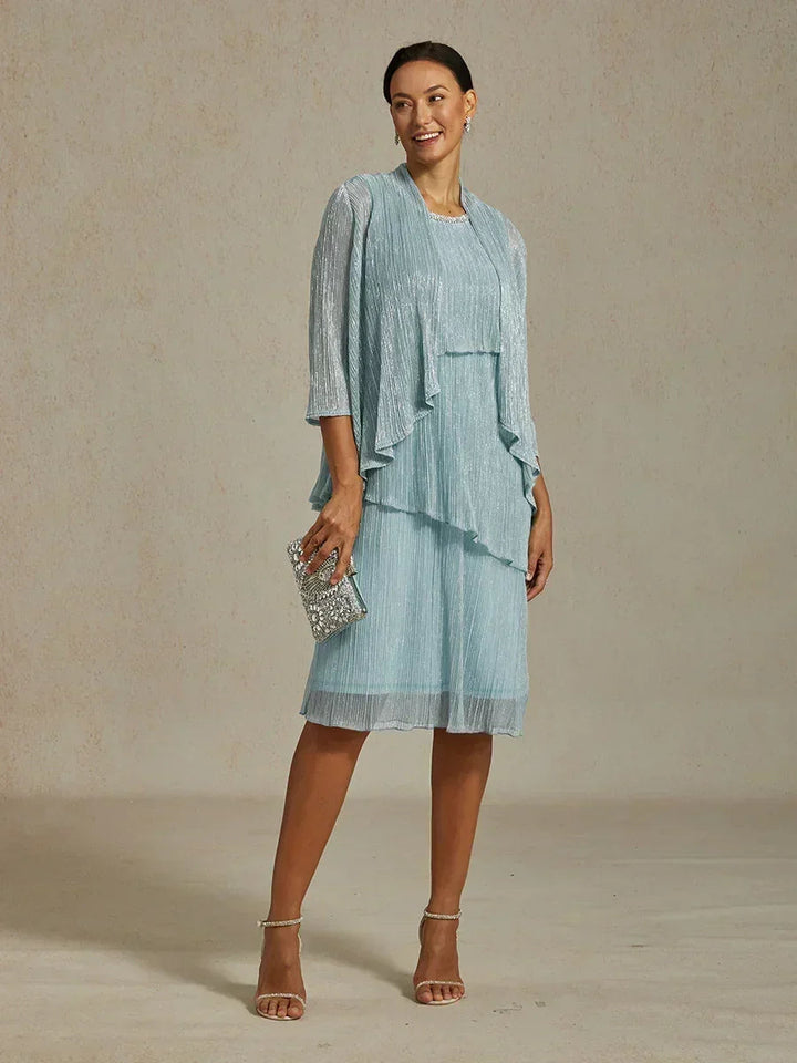 Metallic Pleated Chiffon Midi Dress with Beaded Round Neck