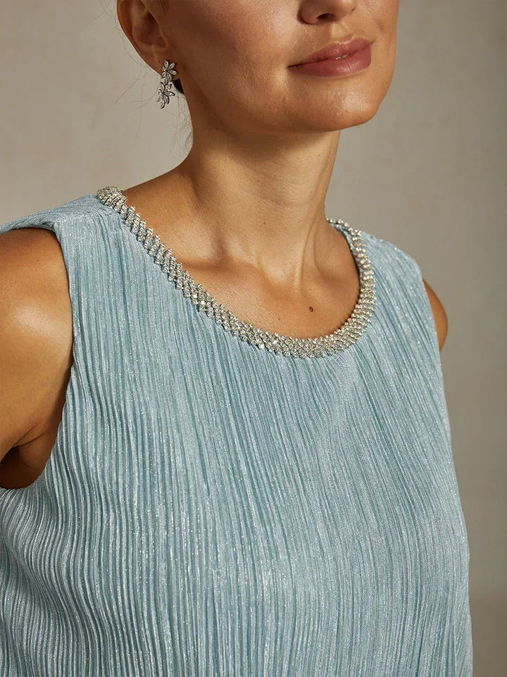 Metallic Pleated Chiffon Midi Dress with Beaded Round Neck