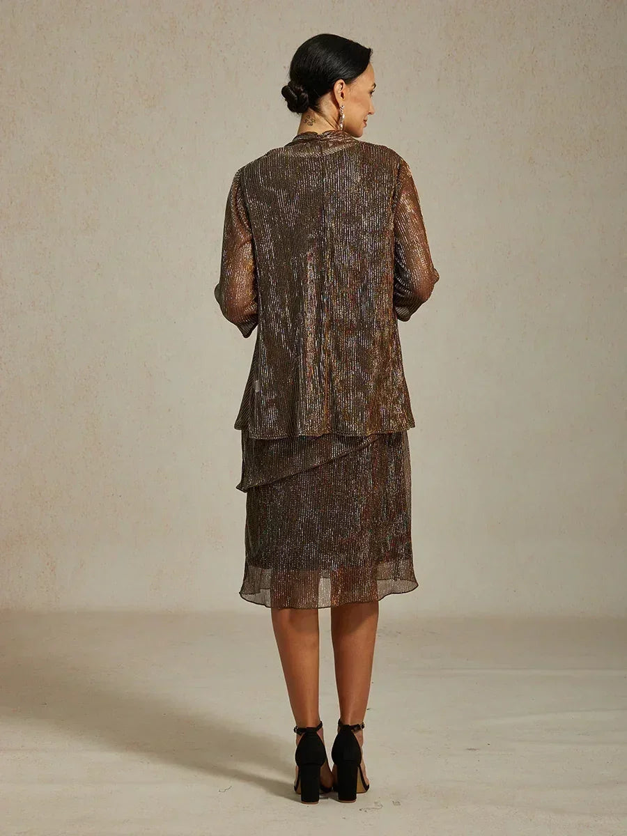 Metallic Pleated Chiffon Midi Dress with Beaded Round Neck