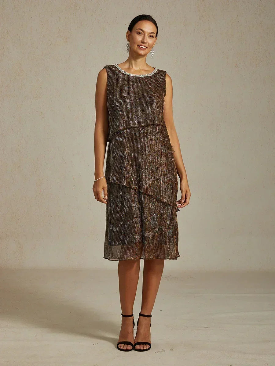 Metallic Pleated Chiffon Midi Dress with Beaded Round Neck