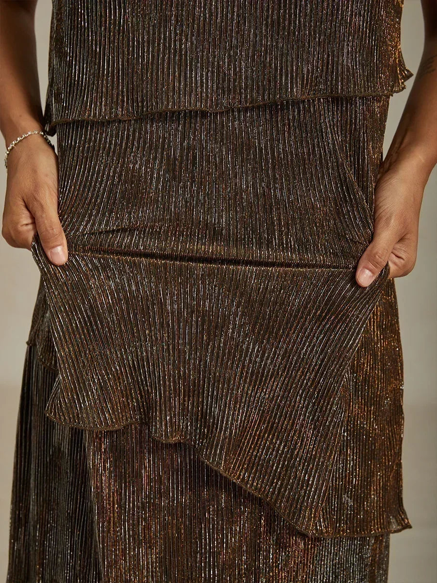 Metallic Pleated Chiffon Midi Dress with Beaded Round Neck