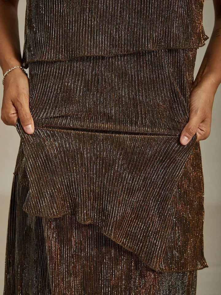 Metallic Pleated Chiffon Midi Dress with Beaded Round Neck