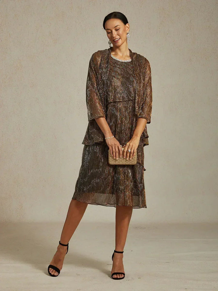 Metallic Pleated Chiffon Midi Dress with Beaded Round Neck