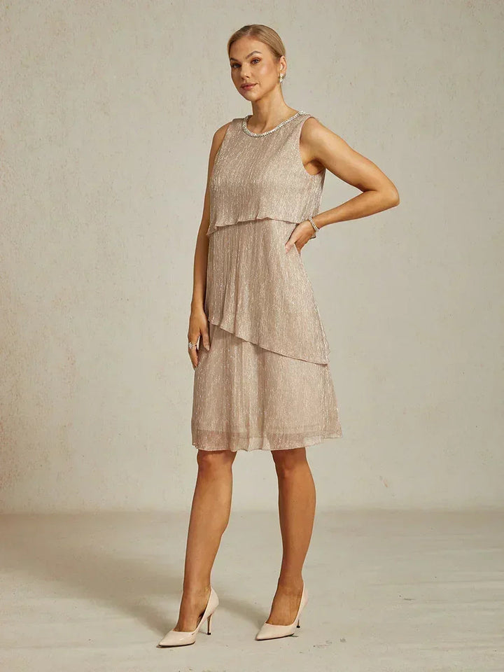 Metallic Pleated Chiffon Midi Dress with Beaded Round Neck