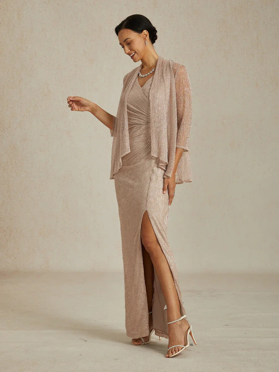 Metallic  Pleated Chiffon V-Neck Maxi Dress