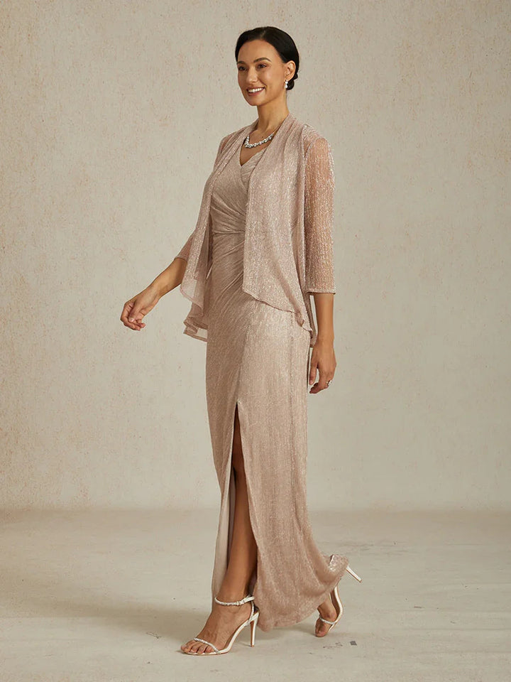 Metallic  Pleated Chiffon V-Neck Maxi Dress