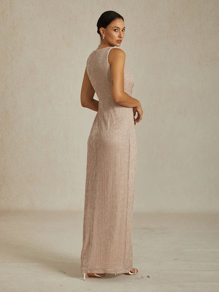 Metallic  Pleated Chiffon V-Neck Maxi Dress