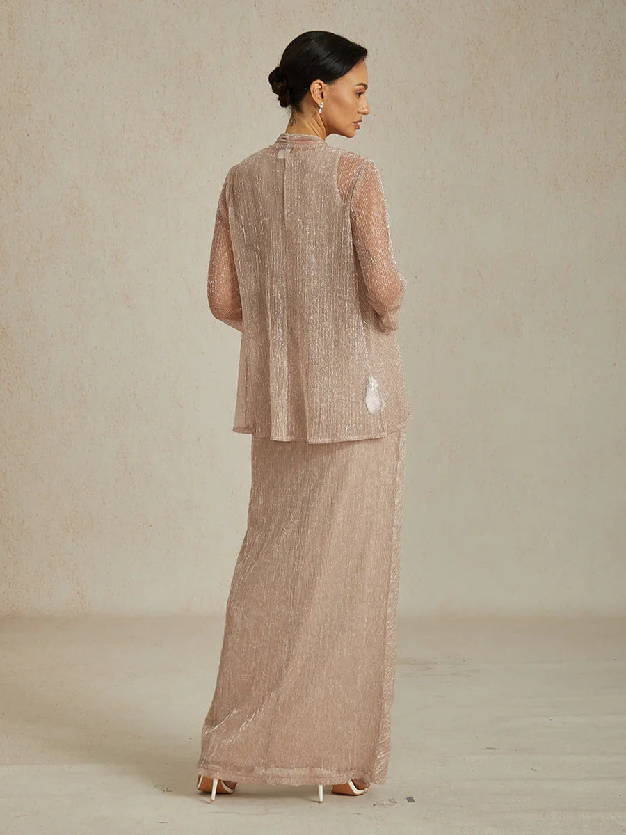 Metallic  Pleated Chiffon V-Neck Maxi Dress
