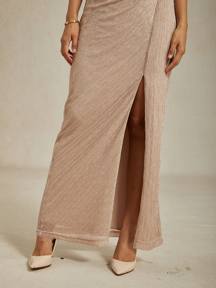 Metallic  Pleated Chiffon V-Neck Maxi Dress