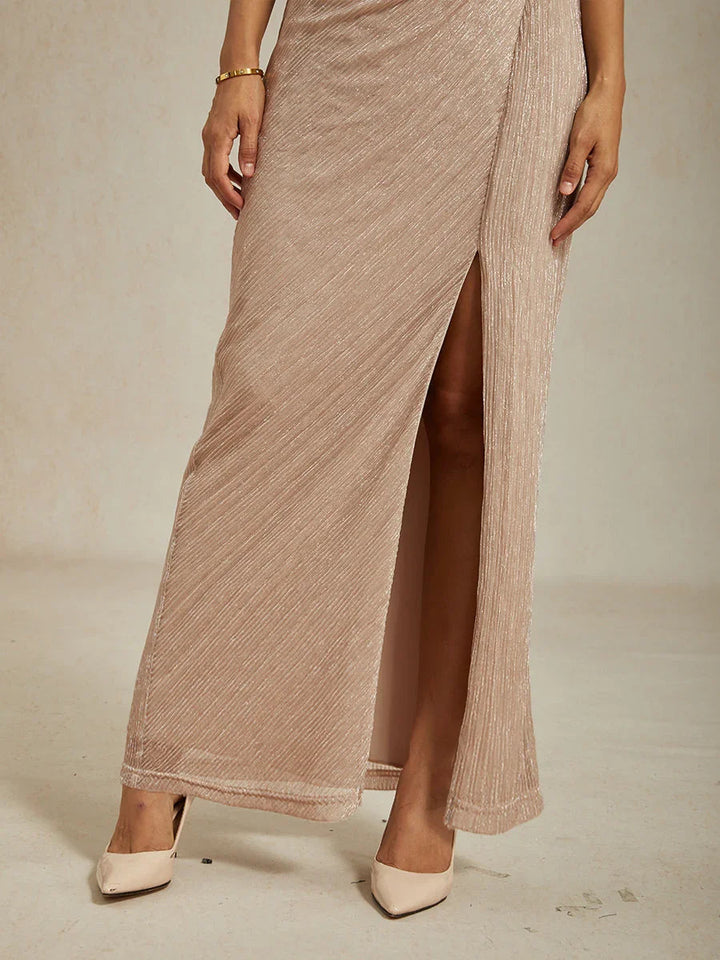 Metallic  Pleated Chiffon V-Neck Maxi Dress