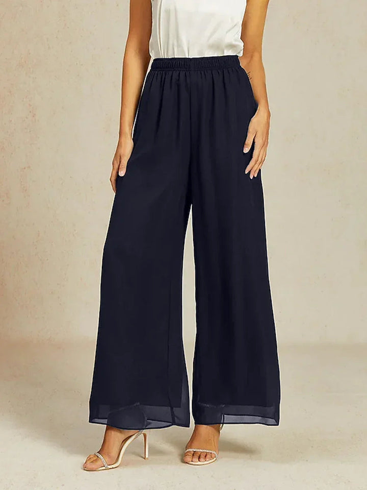 Mid-Rise Elastic Waist Wide-Leg Chiffon Pants