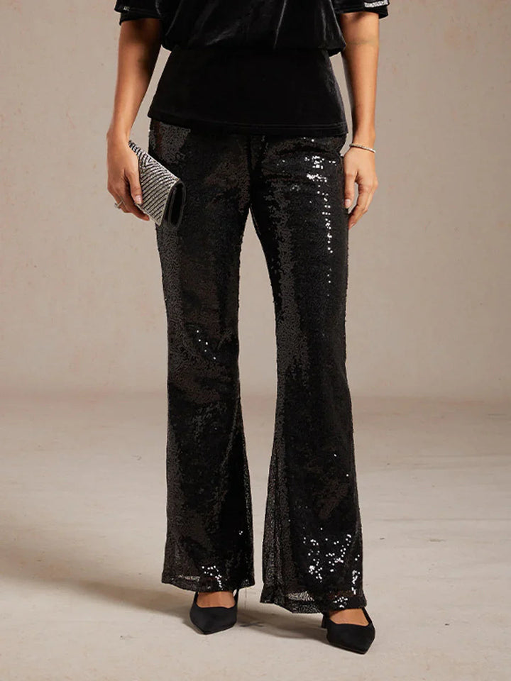 Sequin Flare Pants for Women with Elastic Waist