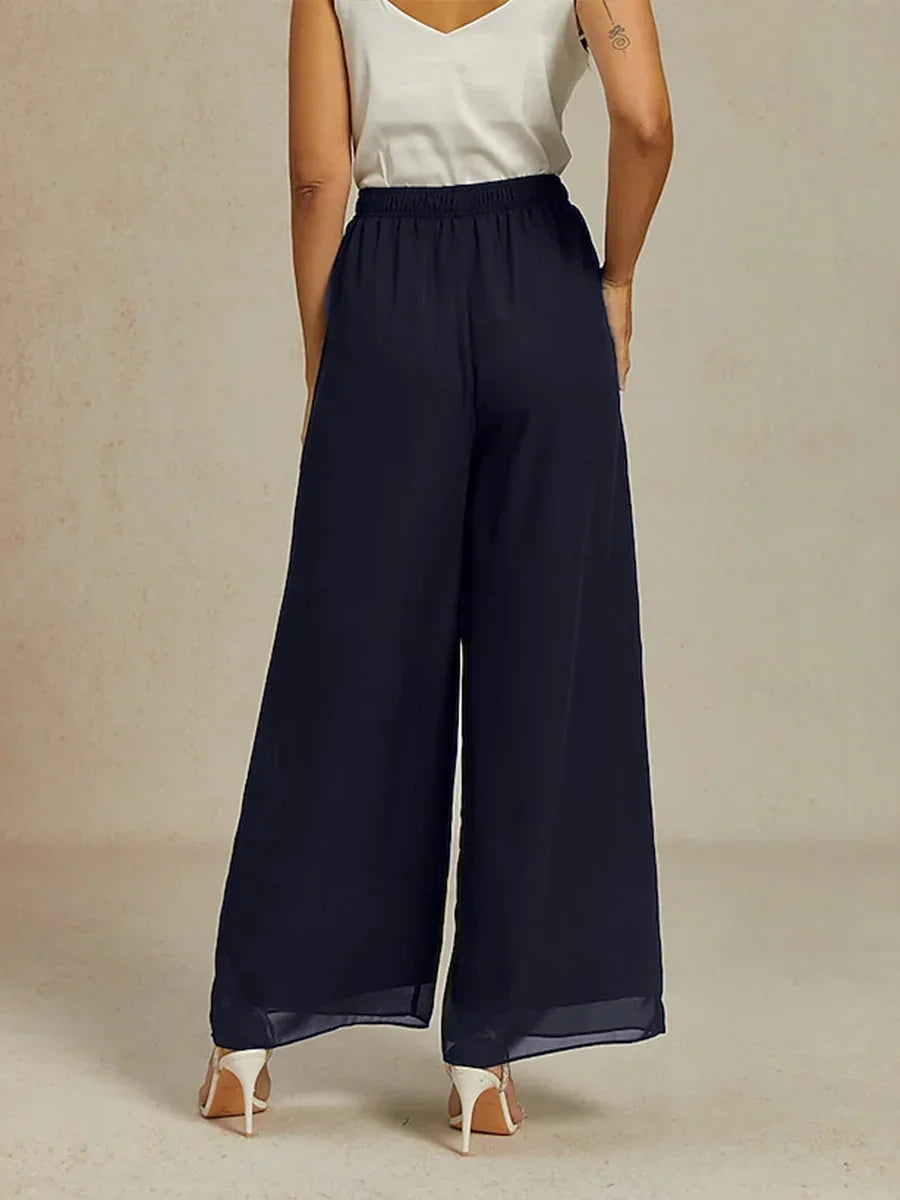 Mid-Rise Elastic Waist Wide-Leg Chiffon Pants
