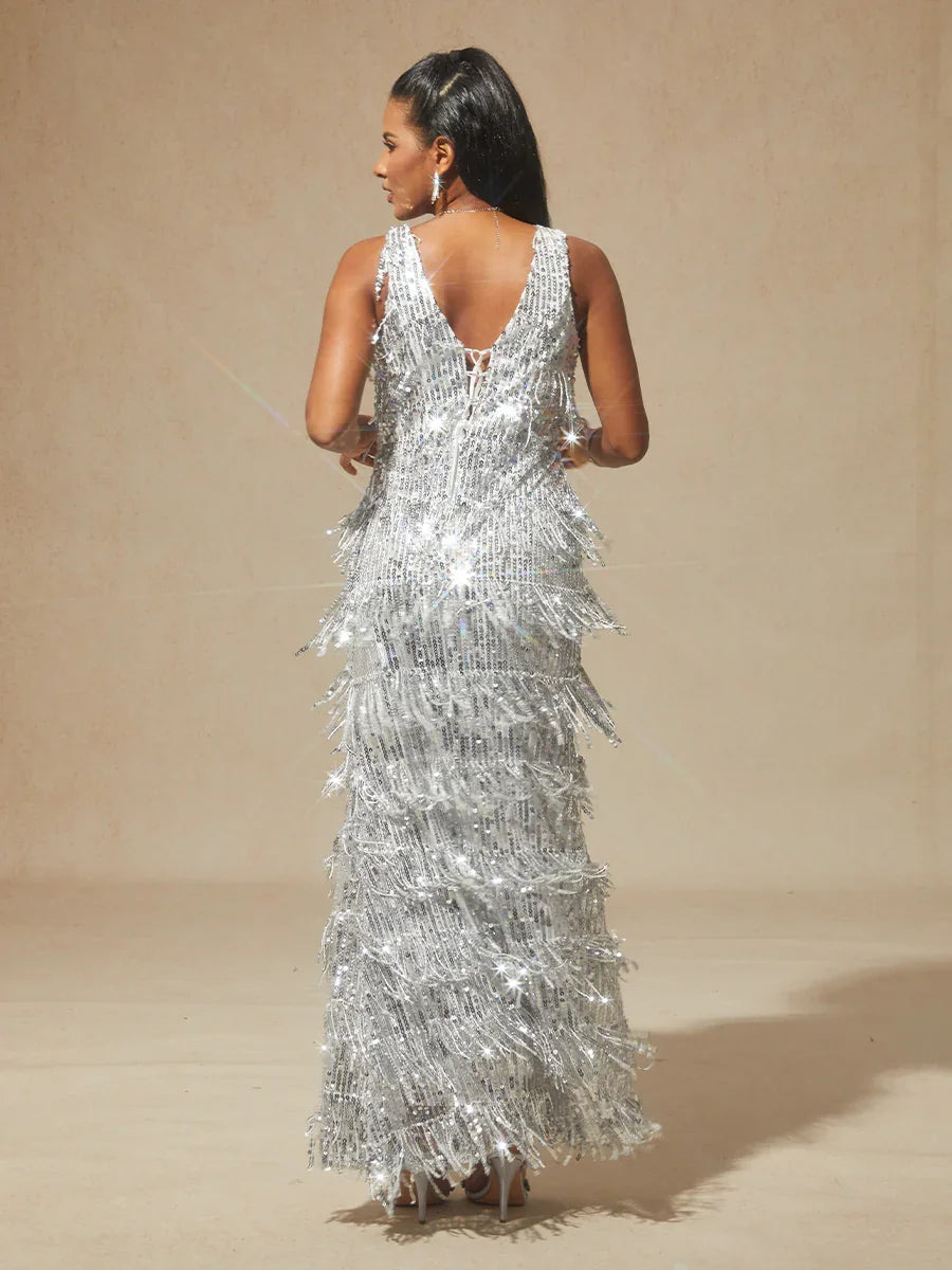 Silver Sequin Fringe Maxi Dress for Party