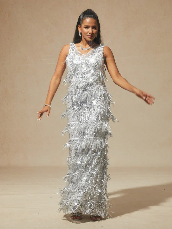 Silver Sequin Fringe Maxi Dress for Party